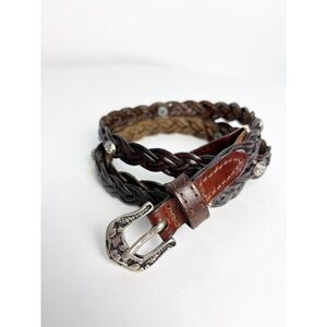 Donna Katz Western Woven Braided Brown Leather Skinny Belt Silver L